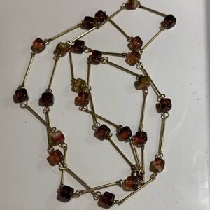 Vintage Gold Bar Necklace with Amber and Multi-colored Glass Square Beads